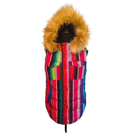 Judith March Rainbow Striped Puffer Vest Faux Fur Hood S Outdoor Street Style - Picture 4 of 15